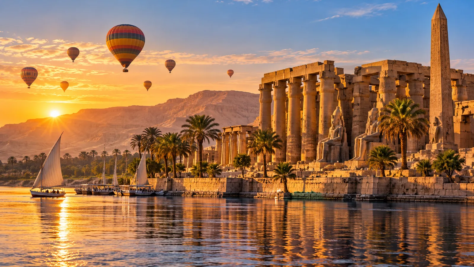 Luxor temple, hot air balloons and the Nile at sunrise